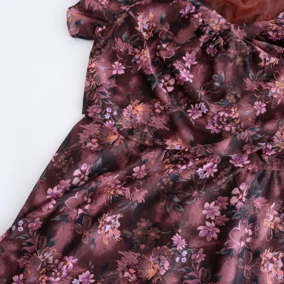 Vintage Maroon Floral Short Sleeve Flowy Midi Dress - Picture 11 of 14